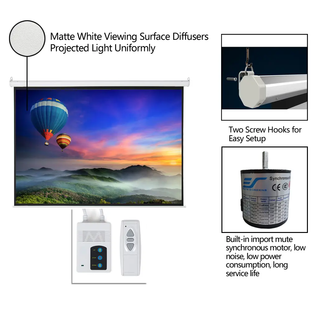 Motorized Projector Screen 100 Inch with Remote - Quiet Electric Roll-Up Screen for Wall/Ceiling Mount, 160° Viewing Angle Anti-Crease Design, 4:3 Aspect Ratio, Matte White Surface, Energy Efficient, Easy Installation