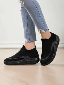 Unisex All-Black Knit Slip-On Shoes: Mesh Breathable + Height-Increasing Thick Sole, Couple Commute Walking Shoes