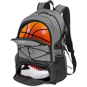 Wolt Basketball Backpack, Large Waterproof Fabric Sports Bag with Separate Ball Holder, Shoes Compartment, Contoured Fit, Extensible Cord & Padded Straps, Grey