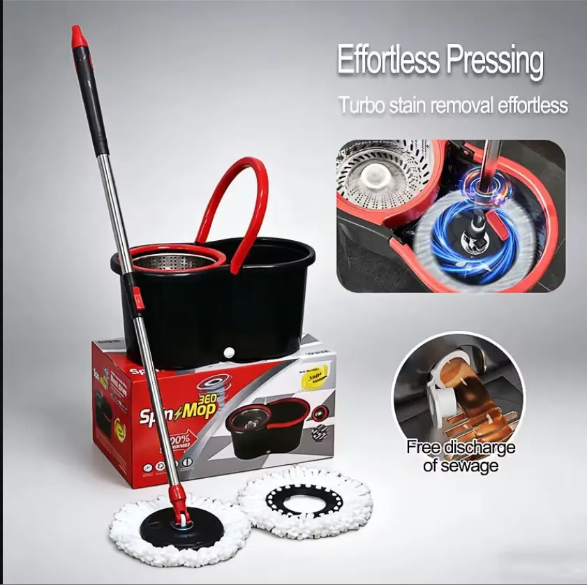 Spin Mop and Bucket with Wringer Set, 2 Microfiber Mop Heads, 58" Handle | 360° Spinning Mop System with Stainless Steel Adjustable Handle & 2 Microfiber Replacement Heads for Floor Cleaning