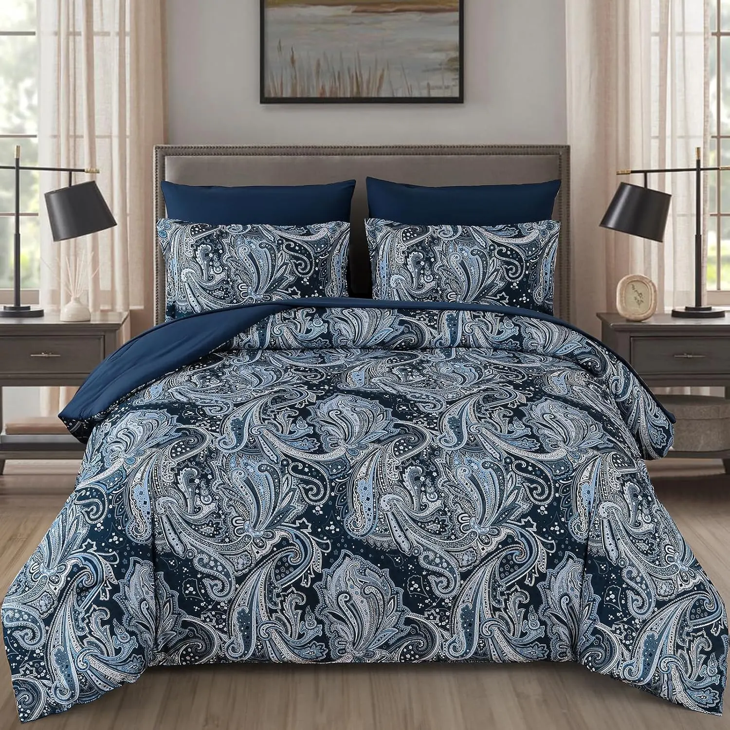 Navy Paisley Comforter Set  Size 7 count Bed in a Bag Boho Paisley  Comforter Set Soft Lightweight Microfiber Blue Reversible Bedding Set for All Season (104''x90'')
