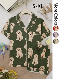 Women's All Over Dog Print Button Front Shirt & Shorts Pyjama Two-piece Set, Pajama Pattern, Casual Comfy Lapel Neck Short Sleeve Top & Shorts Pj Set, Ladies Summer Sleepwear, Pajamas, Loungewear, Womenswear
