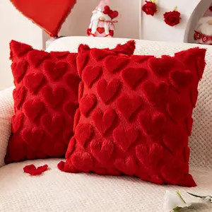 Valentines Pillow Cover Green Christmas Throw Pillow Covers 3D Embroidered Faux Fur Cushion Cases for Couch Bedroom Living Room Decor Festive Holiday Accents 18x18 Inch Set of 2
