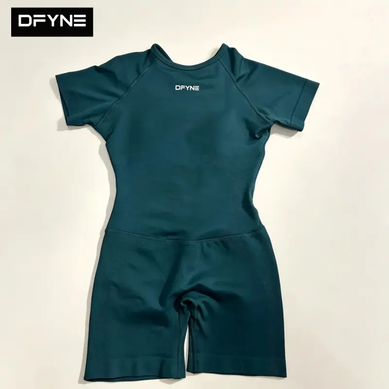 DFYNE Seamless Back Cutout Jumpsuit – Short Sleeve Sculpting Workout Bodysuit for Women