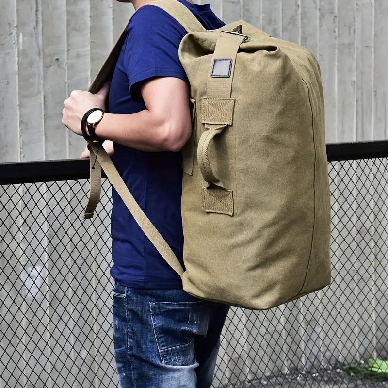 Male Athletic Black Casual Canvas Travel Backpack - Large-Capacity Lightweight Foldable Rucksack with Secure Buttons Closure, Multiple Compartments, Adjustable Shoulder Straps for Hiking, Other Outdoor Activities (Hand Wash Only)