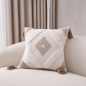 Wynn Pillow - Bohemian Style 18x18 Inch Linen Pillow & Case with Tassel, Soft Filling, Unique Design for Home Space Accent