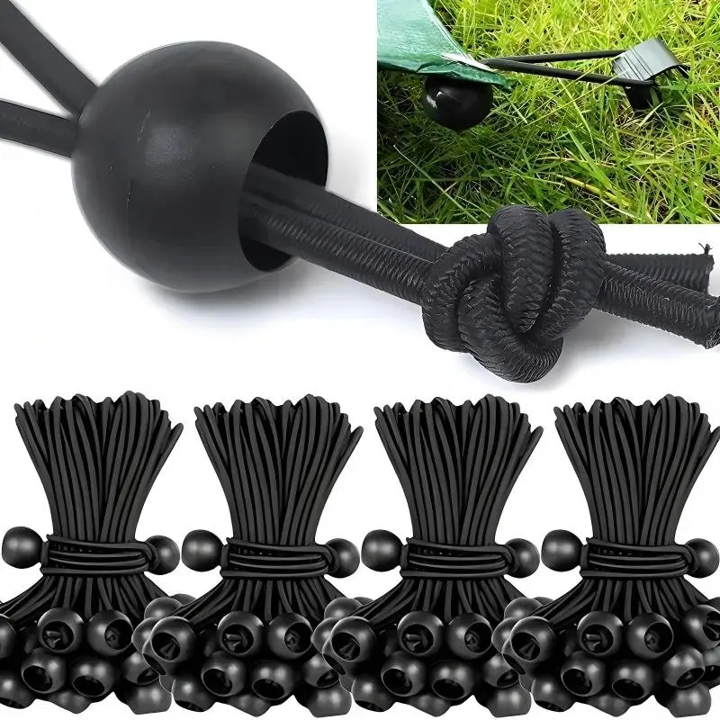 25pcs Multi-functional Elastic Tent Fix Cords Black Ball Bungee Loop Strap Tarpaulin Canopy Fixed Rope Outdoor Camping Tent Accessorie