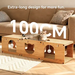 Cat Scratcher Tunnel, 2-in-1 Cat House & Play Tunnel with Cat Toys, Sturdy Wooden Cat Furniture for Kittens & Adult Cats  100 Long Cat Tunnel 100x30cm with Cat Cave Play Ball & Scratcher for Cats