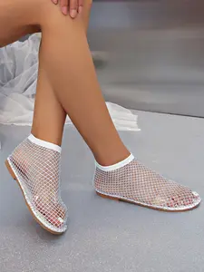 Women's Full Rhinestone Fishnet Flat Sandals, Slip on Sexy Babe Style, Summer Sparkle Versatile Shoes, Perfect for Party/outdoors