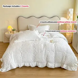 3-Piece Korean-Style Bubble Yarn Small Checkered Decorative Bedding Set with Lace Quilt Cover and Pillowcases, Household Bedding Set, Lightweight Comforter Set for Home Decor, Soft Bedding Sets