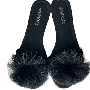 Nikki Black Fluffy Ball Women's Flip-Flops with Plush Faux Fur Accents - Footwear, Walking Shoes