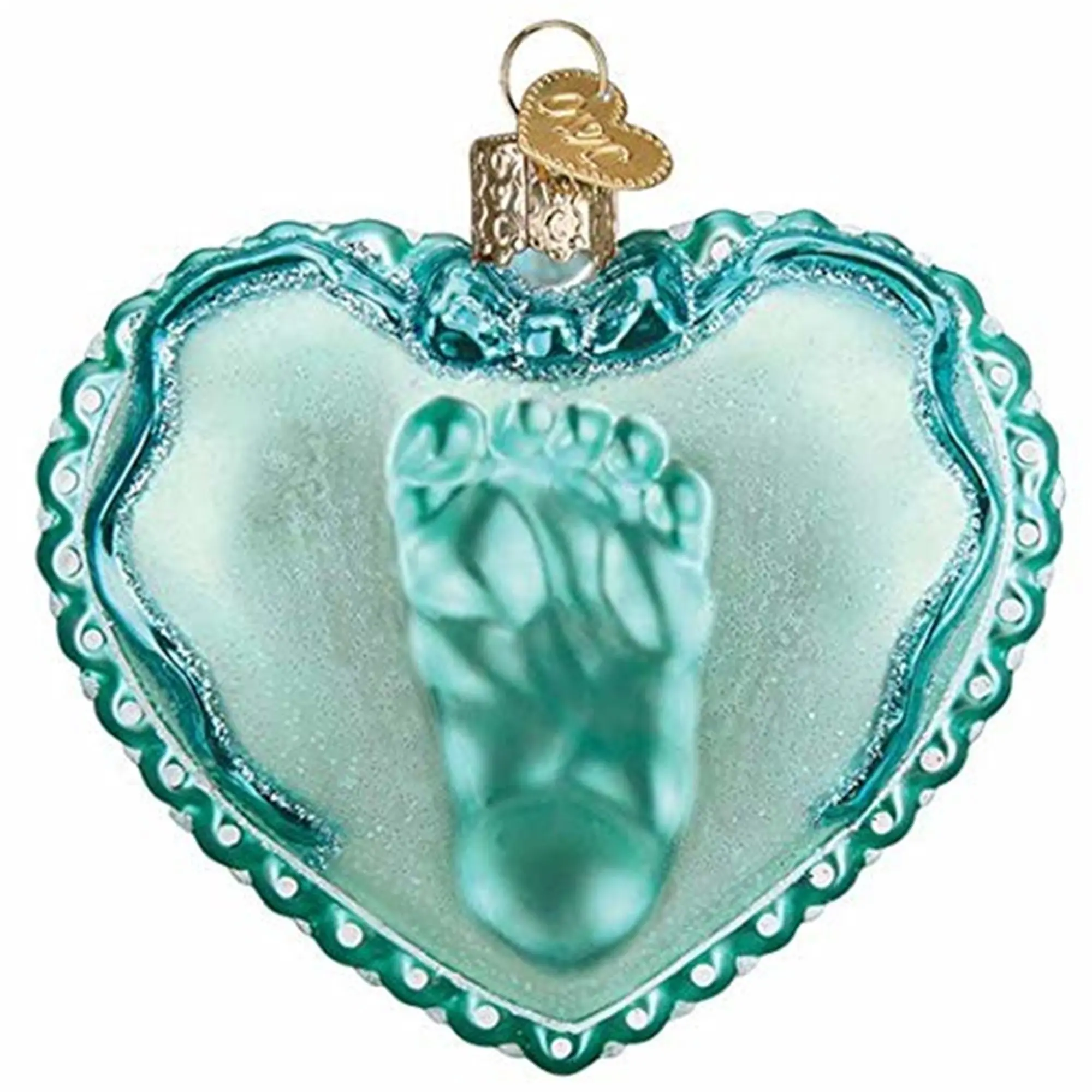 Old World Christmas Blown Glass Ornament for Christmas Tree, Baby Boy Footprint Heart