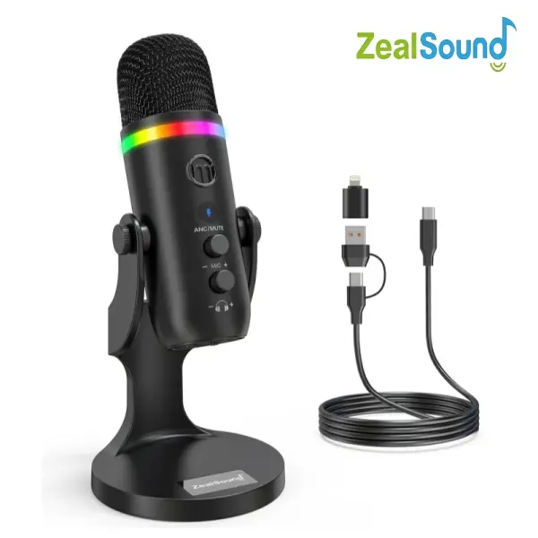 ZealSound K66 Pro RGB Microphone, Noise Cancellation Condenser mic with Touch Mute/Gain/Echo/Monitoring, RGB Light for iPhone/iPad/Streaming/Podcast/Twitch/YouTube/Discord/PC/Computer/PS4/PS5/Mac/laptops/tablets/Smartphone streaming ASMR equipment,father'