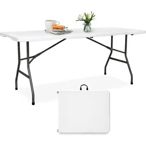 Folding Table 6FT HDPE 6 Foot Foldable Table Portable Banquet Surface Fold-in-Half Desk Utility for Working Meeting Parties, Picnic, Camping, Weddings, Catering, Garden Dining-White