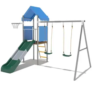 Kids Outdoor Playset with Dual Swings & Slide, Galvanized Steel Backyard Playground Equipment with Basketball Hoop, Metal Playset for Children Outdoor Play