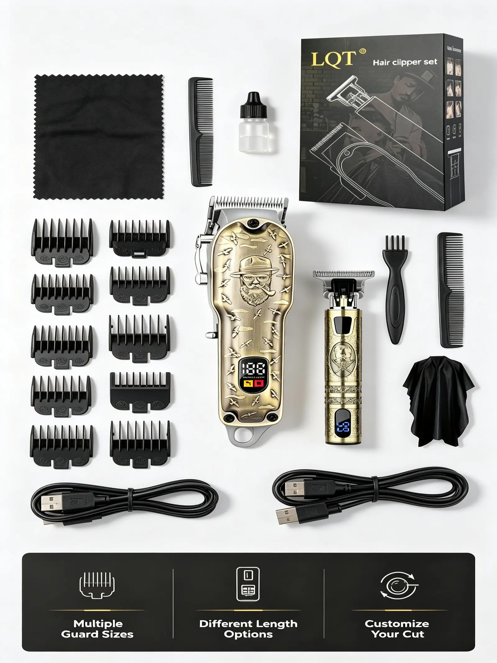 Men's Professional Vintage Embossed Hair Clipper & Trimmer Set, USB Rechargeable Cordless Barber Grooming Kit, Home Hair Cutting Tool with Multiple Guide Combs