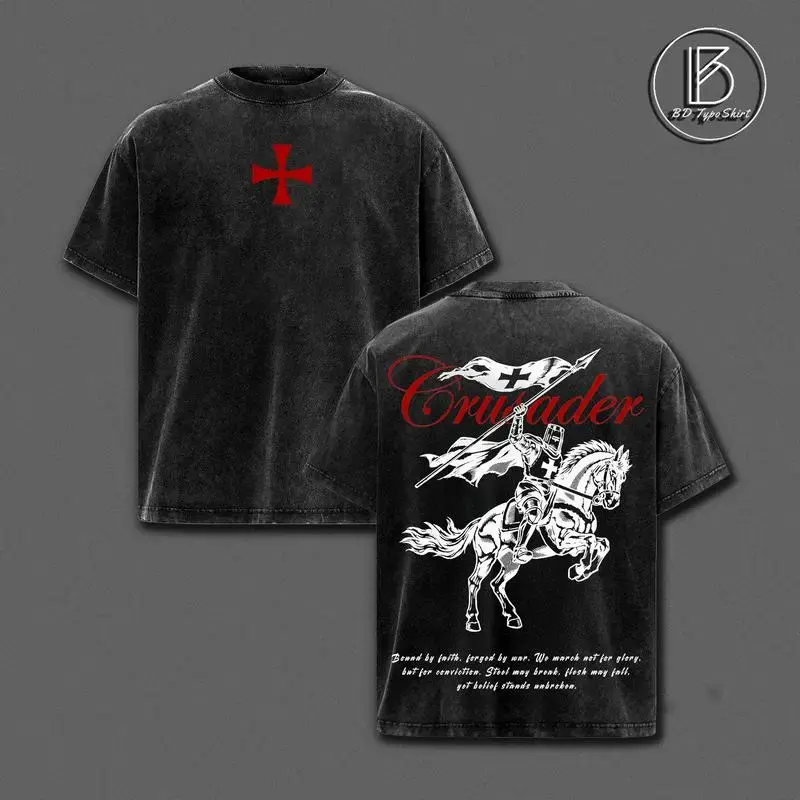 Crusader Graphic T-Shirt, Vintage Washed Oversized Heavyweight 230gsm Cotton Fabric Top for Men, Classic Short Sleeve Streetwear with Ribbed Crewneck, Apparel, Shortsleeve, Menswear, Round Neck, Soft
