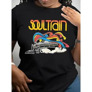 Women'S Fashion Soul Train Graphic T-Shirt, Casual Crew Neck Short Sleeve T-Shirt, Polyester Knit Fabric, All-Season Top, 95%25 Polyester 5%25 Elastane, 180gsm - Regular Length Novelty Graphic T Shirt funny tshirt Undershirts Tees Casual Streetwear