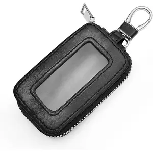 Universal Soft Comfortable Leather Car Key Fob Case with Metal Hook Keyring and Zipper Smart Remote Key Protector Bag for Men and Women Black