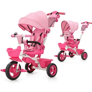 JMMD Baby Trike, 6-in-1 Kids Tricycle with Adjustable Push Handle, Removable Canopy, Safety Harness for 18 Months - 5 Year Old, Gray