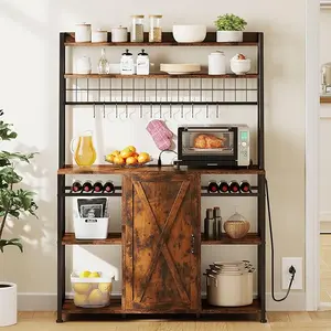Yitahome Large Bakers Rack with Power Outlet & Storage Cabinet, Kitchen Microwave Stand with Drawer, Farmhouse Tall Thickened Coffee Bar Table with Wine Shelf Holder Hooks
