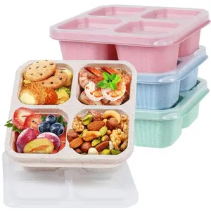 4 Pack Bento Lunch Box, 4 Compartment Portable Eco-Friendly Food Containers for School Work Picnic Meal Prep Kids & Adults, Keep Food Fresh