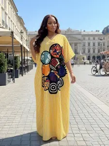 New Fashion Chic Loose Fit Casual Daily Everyday Shopping Blue Striped Geometric Print V-Neck Short Sleeve Summer Lady Womenswear Boubou Dress with Pockets