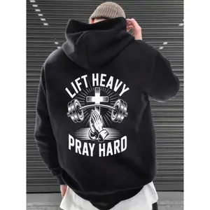 Men's Christian Gym Hooded Sweatshirt - Lift Heavy Pray Hard Workout Shirt with Praying Hands & Barbell Design, Machine Washable, Faith-Based Muscle Church Shirt for Men (Regular Fit)  ,Christmas Gift
