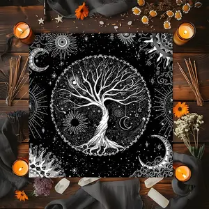 Mystical Celestial Starry Tree of Life Design Square Tarot Tablecloth, Witch-style home decor Altar Cloth Multiple Sizes Polyester Fabric, Easy to Clean and Maintain Decorative Divination Cloth for Spreads & Rituals Gift for family and friends