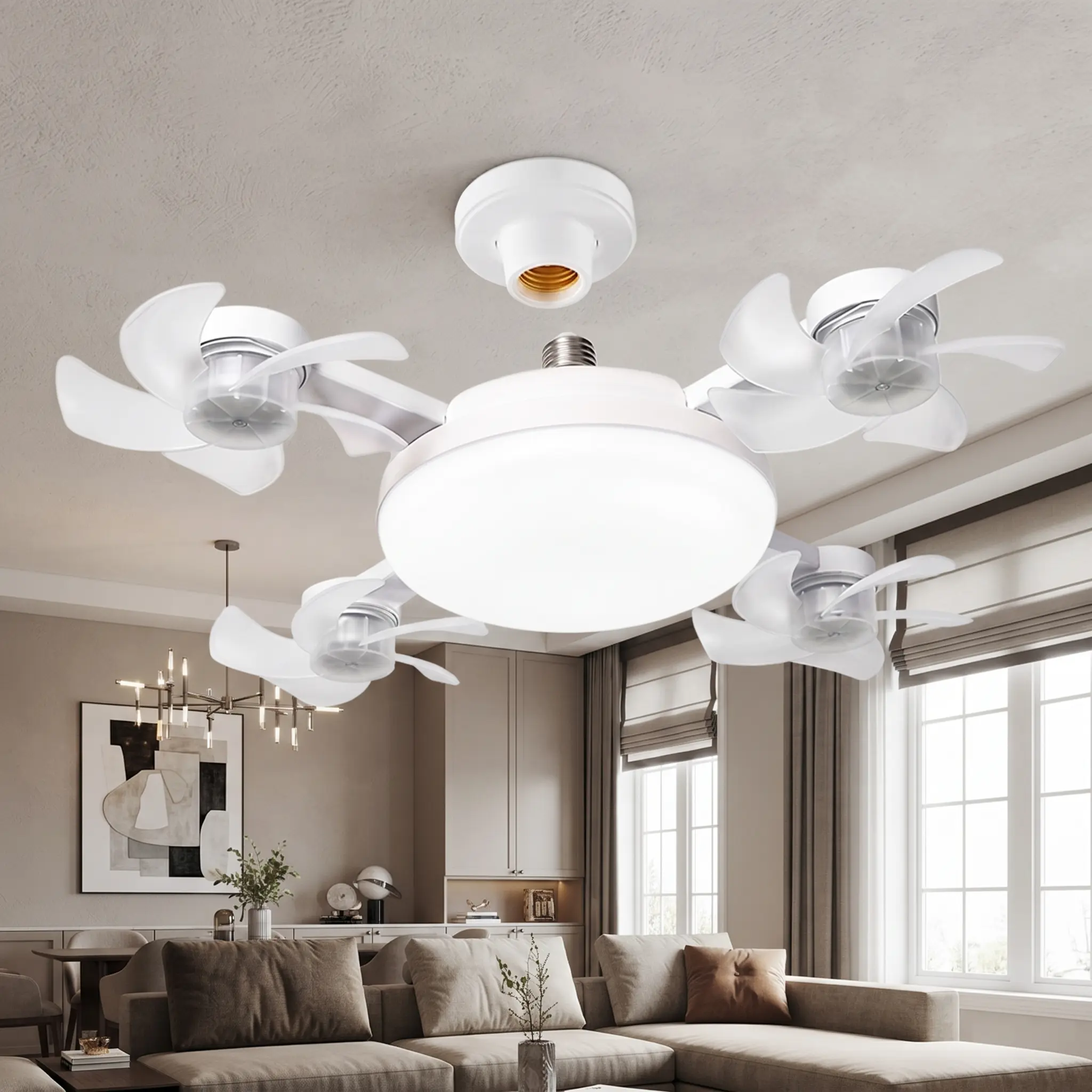 Smart Ceiling Fan with Light, E27 Socket, Remote Control, Adjustable Brightness & 3-Speed Settings for Bedroom, Living Room