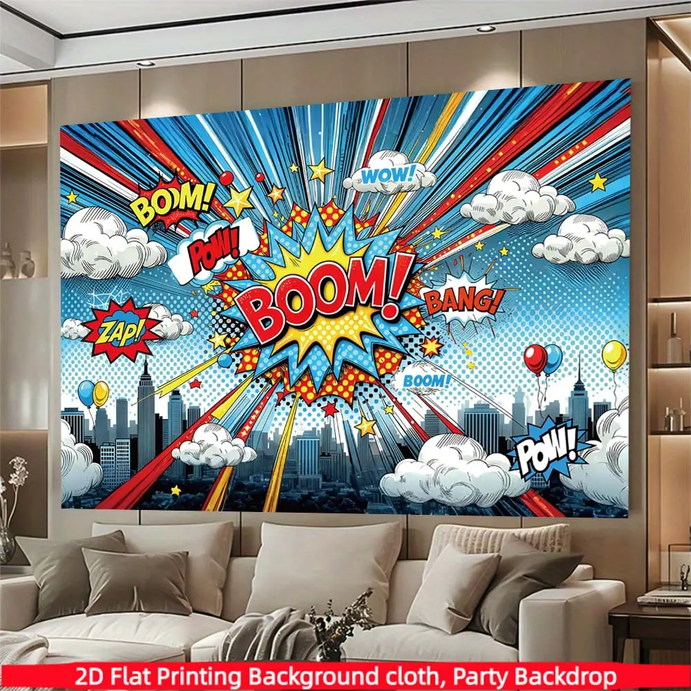 Superhero birthday background banner, comic explosion art background cloth, polyester material, suitable for photo booths, parties, birthdays, celebrations, indoor and outdoor home birthday party decoration, home decoration, room decoration