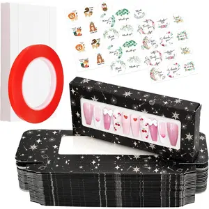 74PCS Press on Nails Packaging Box Set for Press on Nail Business, includes 35 empty nail boxes, 35 white background papers, 1 double sided tape, 3 thank you stickers, Black Sun and Moon