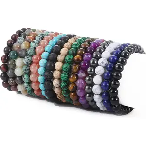 15 PCS 8mm Gorgeous Stones Bracelets Round Beaded Stretch Beads Bracelet Unisex Jewelry Gifts for Women Men