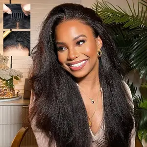 Binf Kinky Straight Half Wig Human Hair 3 In 1 Seamless Flip Over Half Wigs for Black Women Ready to Go Headband Wig 180% Density Drawstring Kinky Curly Half Wig Glueless Natural Black