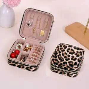 Leopard Print Jewelry Box for Women Girls Portable Cheetah Travel Case Compact Multi-Tier Acrylic Organizer Light Blue Gold Aesthetic Storage Perfect Birthday Graduation Gift for Vanity Daily Use