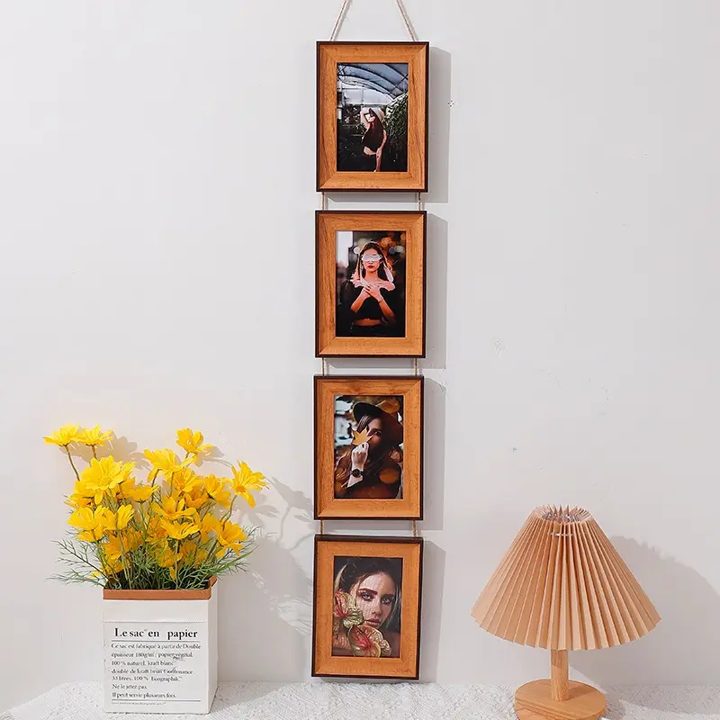1pc Wall-Mounted Photo Frame, Picture Frame for 4x6 Photos, Vertical Combo Frame, Rope Hanging, Picture Frames for Wall, Birthday & Party Decor, Living Room & Hallway Wall Art