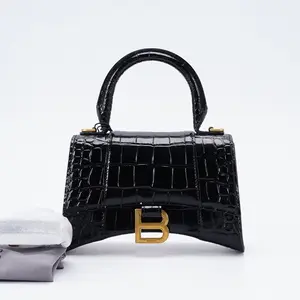 Pre-owned Balenciaga calfskin Crossbody Bags Hourglass XS Black Croc Embossed Bag BGP203410