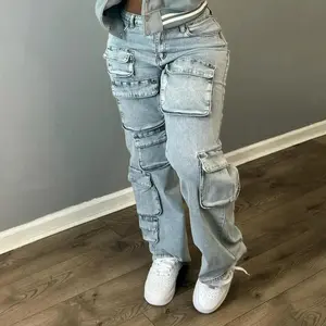 New2025 New Arrival Fashion Baggy Cargo Pants Women High Waist Blue Multi Pockets Ladies Jean Trousers(Gift)11