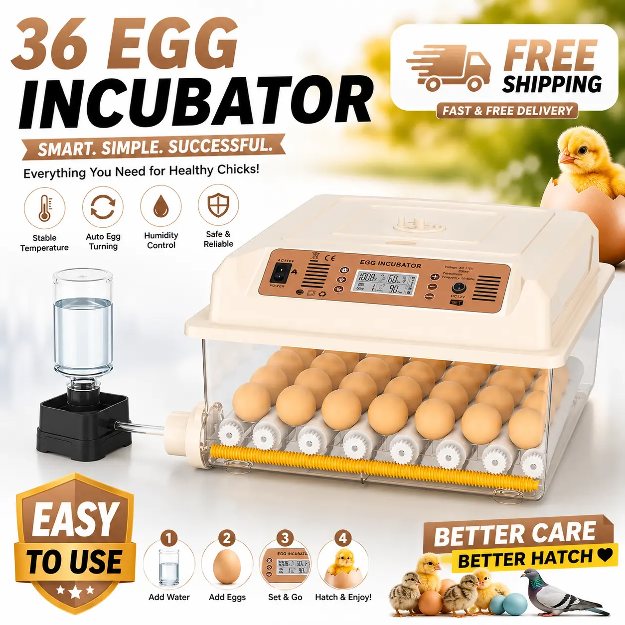 2026 Upgraded Smart Automatic Single Unit Egg Incubator for Chickens/Ducks Supplies, 16 Eggs/36 Eggs Small/Big Capacity Options, Auto Turn, Dual Power Backup, External Water Port, Hatch Eggs