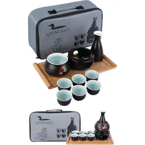 Japanese sake cup set with 6 ceramic cups, 1 ceramic sake bottle, 1 ceramic sake warmer, bamboo tray, and cloth carrying case—perfect hot sake set for an authentic Japanese experience