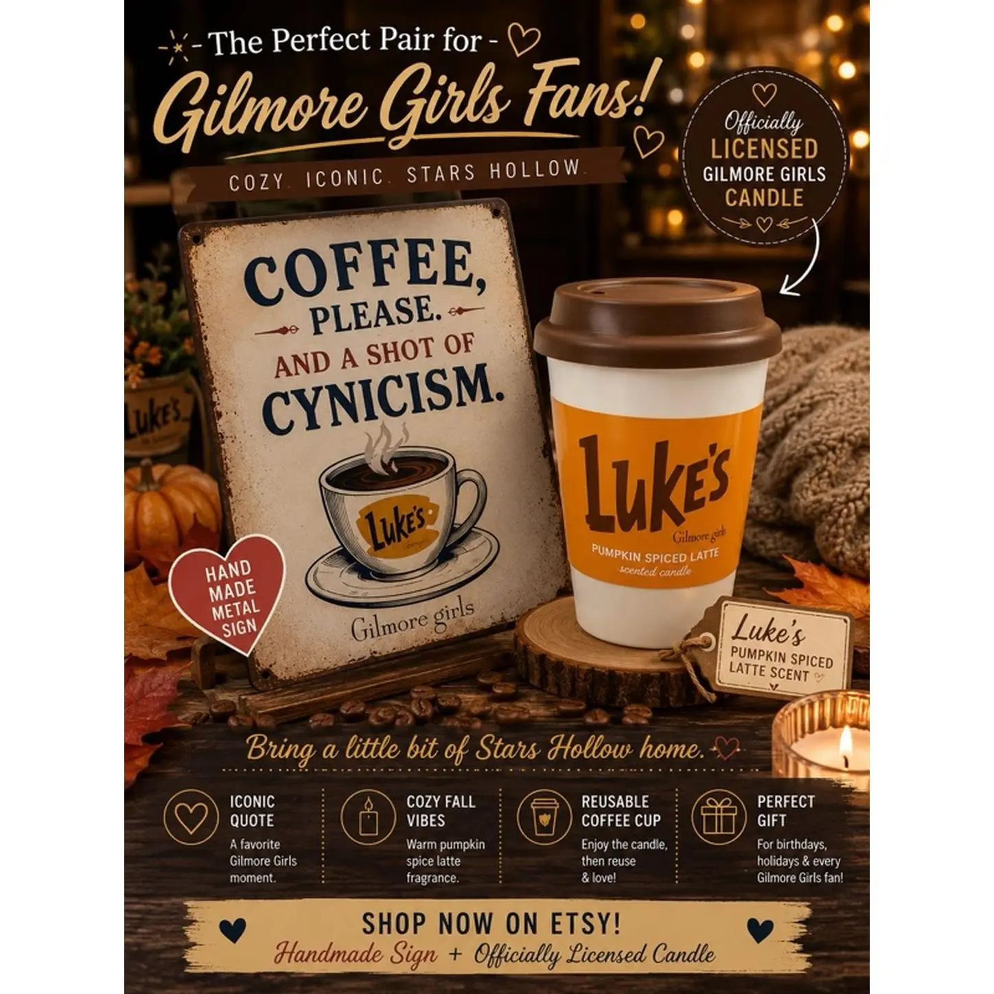Luke's Candle & 6x8" Metal Sign Gilmore Girls Gift Set - Officially Licensed Pumpkin Spiced Latte Scented Candle & Cozy Iconic Stars Hollow Sign