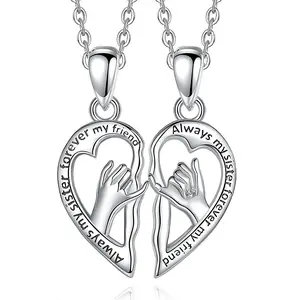 Split Heart Friendship Necklaces, Hand-in-Hand Together Forever Pendant, 2Pcs Silver Finish BFF Jewelry Set, Minimalist Bestie Matching Necklaces
