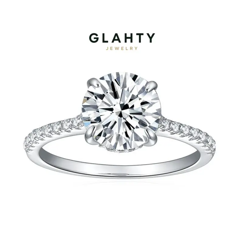 Glahty Jewelry S925 Sterling Silver Four Prong Round Moissanite Ring 1-4ct Paved Side Stone Engagement Wedding Ring For Women, gf, gift