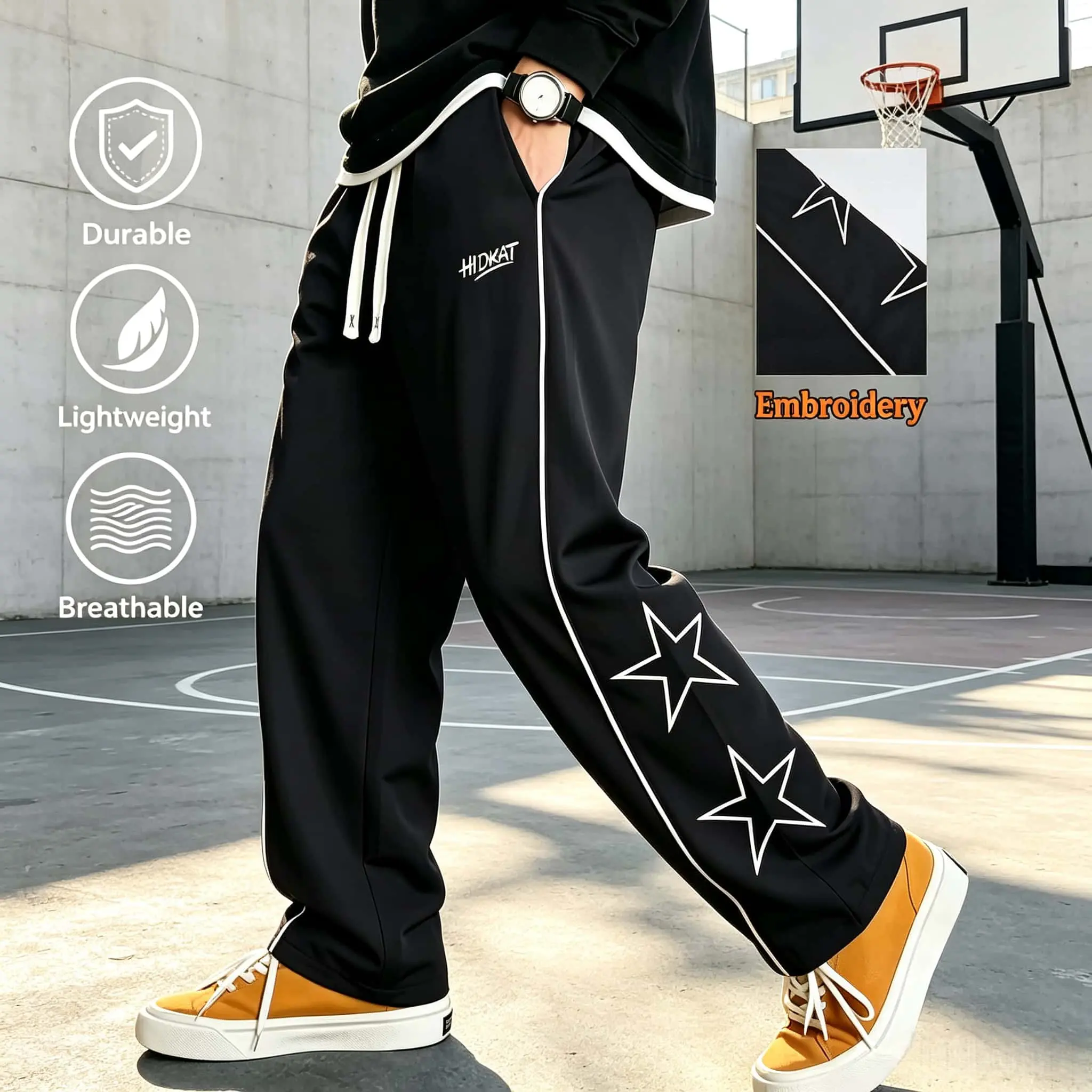 Men’s Star Embroidery Wide Leg Track Pants Lightweight Breathable Casual Sweatpants Elastic Drawstring Loose Streetwear Trousers Athletic Workout Pants Regular Sizes,Comfy Elastic Waist Drawstring Pants,athleisure wear