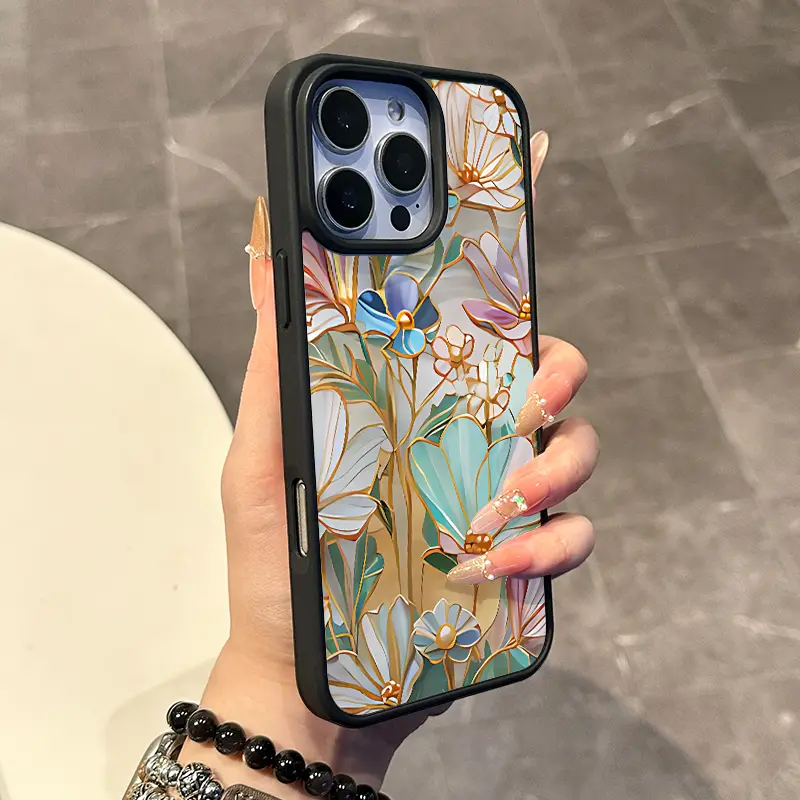 Chic Magnetic Case for iPhone11/12/13/14/15/16/17/promax Gold Trim Blooms  MagSafe Ready, Anti-Slip, Ultra Thin | Aesthetic Touch for Daily Use