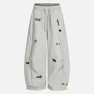 Aelfric Eden Embroidery Puppy High Waist Baggy Wide-Leg Sweatpants with Pockets Drawstring Elastic Waist Casual Streetwear Vintage Streetwear Joggers