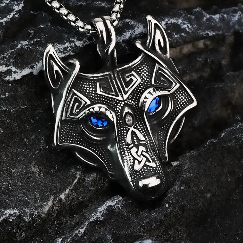 Viking Wolf Head Geometric Pendant Necklace for Men, Stainless Steel Chain, Nordic Mythology Jewelry, Unique Bold Style Punk Aesthetic, Perfect Gift Idea, Men Accessories