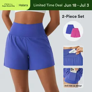 Halara 2-Piece Super High Waisted Back Pocket & Side Hidden Pocket 2-in-1 Yoga Shorts Set 5''-Longer Length