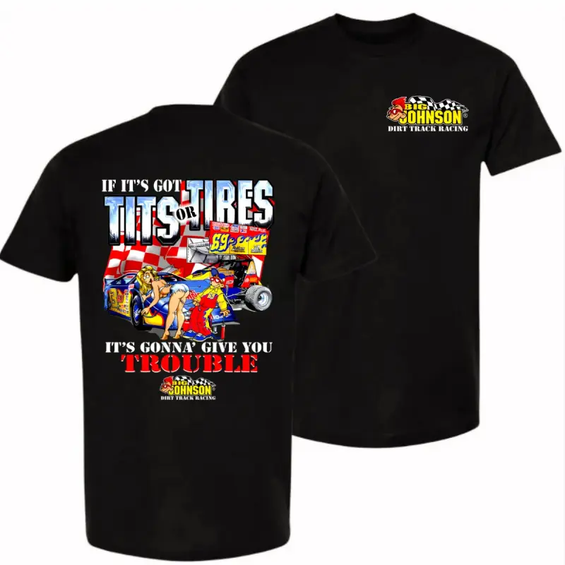 Big Johnson Dirt Track Racing Shirt - 2-Sided Classic Sport Streetwear, Vintage Graphic Shortsleeve Basic Soft Cotton Blend Tee, Retro Humor Men's Top, Gift for Car Enthusiasts