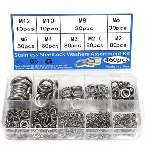460pcs Stainless Steel Lock Washer Assortment Kit | M2-M12 Spring Elastic Washers | Anti-Slip Fastener Components for DIY, Furniture, Automotive & Industrial Repairs
